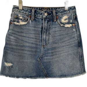 Abercrombie & Fitch Y2K Denim Mini Skirt Distressed Raw Hem Blue Size 26 Grunge
